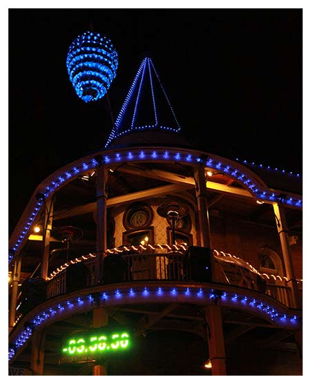 The hotel lit up at night to celebrate